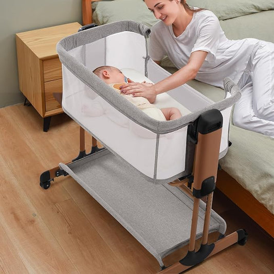 3 in 1 Baby Bassinet, Rocking Bassinets with Comfy Mattress and Wheels, Adjustable Height Bassinet Bedside Sleeper, Easy Folding Portable Crib for Newborn (Grey)