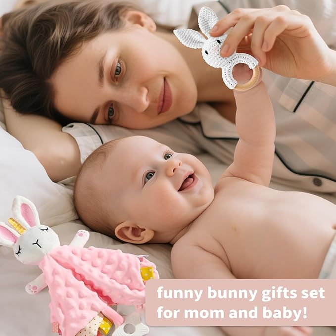 Baby Girl Gifts Basket, Newborn Girl Essentials for Baby Shower, Hooded Bath Towel, Muslin Swaddle Blanket, Girl Bodysuit, Bunny Rattle, Lovey, Baby Bibs, New Mom Gifts Box for Women