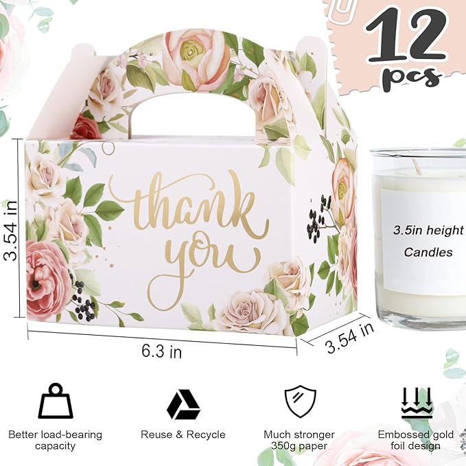 SOSFKIM Thank You Treat Boxes 12 Pack - Floral Party Favor Boxes Bulk Embossed Gold Foil - Goodie Gable Boxes for Baby Shower, Wedding, Birthday 6.3x3.5x3.5 Inch