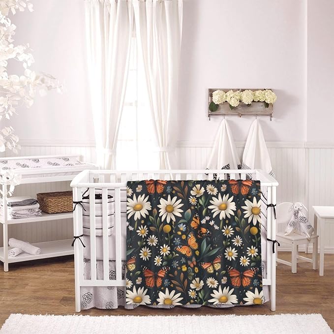 Baby Blanket Daisy Butterfly Vintage for Boy Girl Newborn 30x40 Inch Toddler Infant Nursery Throw Blankets Double Layer Comfy Soft Plush Stroller Crib Quilt