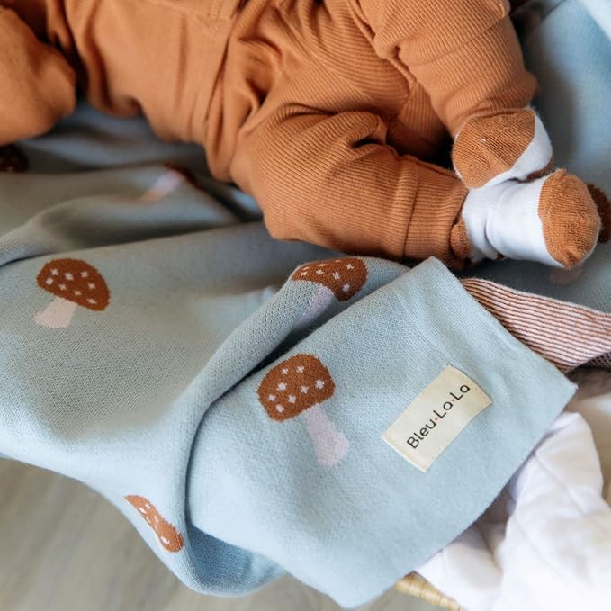 Mushroom Baby Blanket for Boys 100% Cotton Buttery Soft Cozy Receiving Swaddle Crib Stroller Blanket for Shower Gift Registry for Newborns, Infants, Toddlers (Mushroom - Blue)