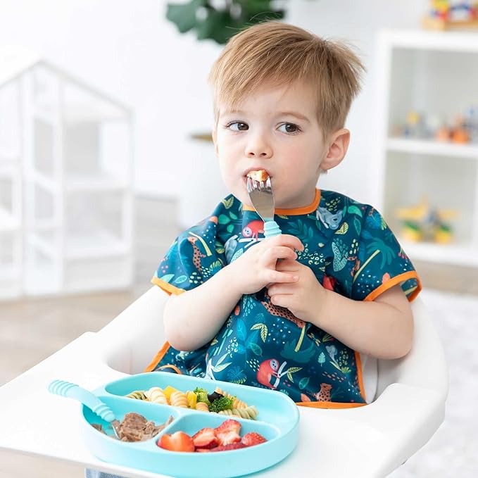 Bumkins - Junior Bib - For Boys & Girls, Toddlers & Kids 1-3 Years - Lightweight, Durable, Waterproof - Short Sleeve Bib - Catch-All Pocket - Wipeable & Machine Washable - Jungle & Ocean - 2 Pack