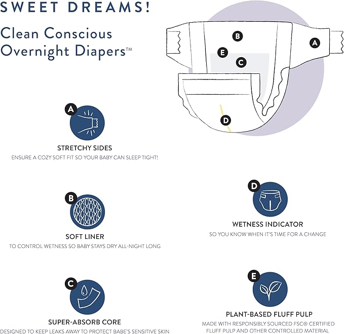 The Honest Company Clean Conscious Overnight Diapers for Sensitive Skin | Hypoallergenic, Fragrance Free | Cozy Cloud + Star Signs | Club Box, Size 4 (22-37 lbs), 48 Count