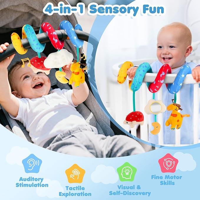 URMYWO Spiral Car Seat Toys for Babies 0-6 Months, Hanging Toy Fits Stroller, Developmental Sensory Baby Toy with Teether Crinkle Mirror, Baby Travel Gear Shower Gift for Boys Girls