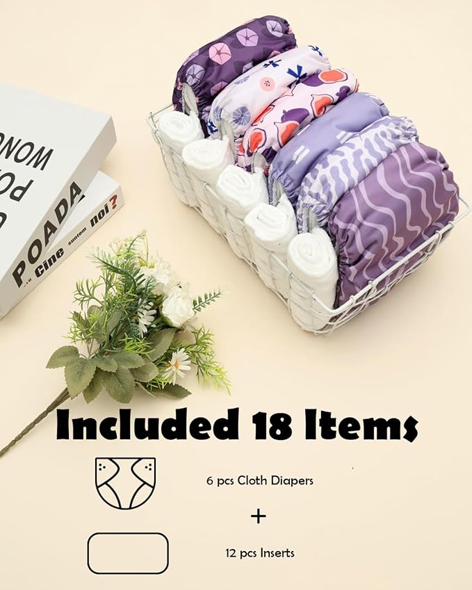 ALVABABY Baby Cloth Diaper 6 Pack with 12 Inserts One Size Cloth Diaper Covers Adjustable Washable Reusable for Baby Girls and Boys 6DM126