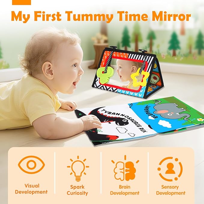 Baby Toys 0-6 Months - Tummy Time Toy Black and White High Contrast Newborn Toys - Baby Mirror with Cloth Book Teether - Montessori Sensory Crinkle Toy for Infant 0-3-6-12 Month Boy Girl Shower Gifts