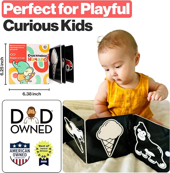 Happy Start Award-Winning High Contrast Board Book - Newborn Black & White Baby Cards, Easy to Clean, Hospital Approved, Stands on Its Own, Tummy Time Toy, Ages 0+ (Russian)