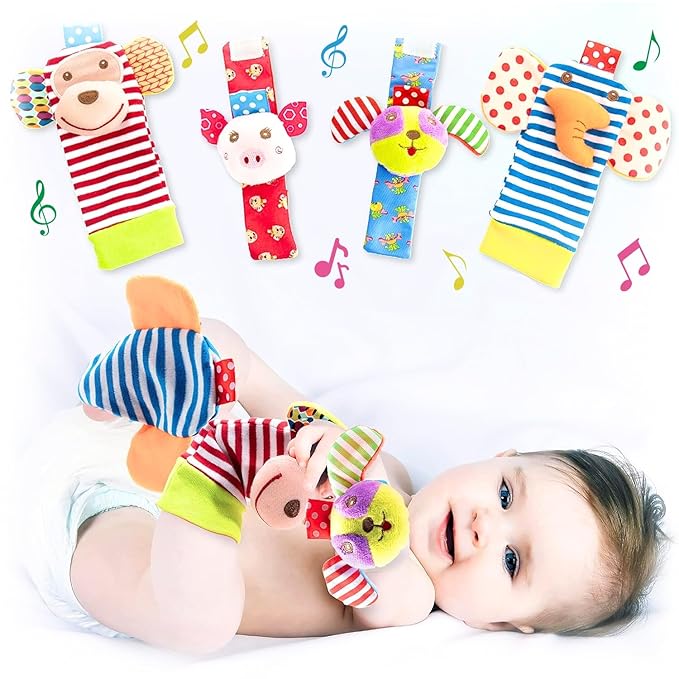 Baby Rattle Socks for Girls & Boys (Zoo Set) - Baby Toys 6-12 Months - Wrist Rattles and Foot Rattles - Baby Toys for Newborns As Gift - Easy to Wear Baby Rattle Toys