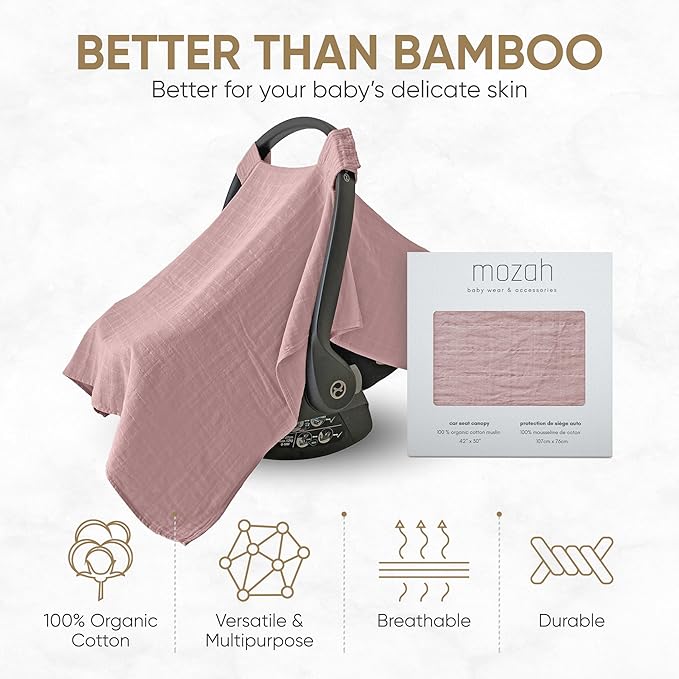 MOZAH 100% Organic Muslin Baby Car Seat Cover Muslin Carseat Canopy Baby Car Seat Covers for Girls (Pale Mauve)