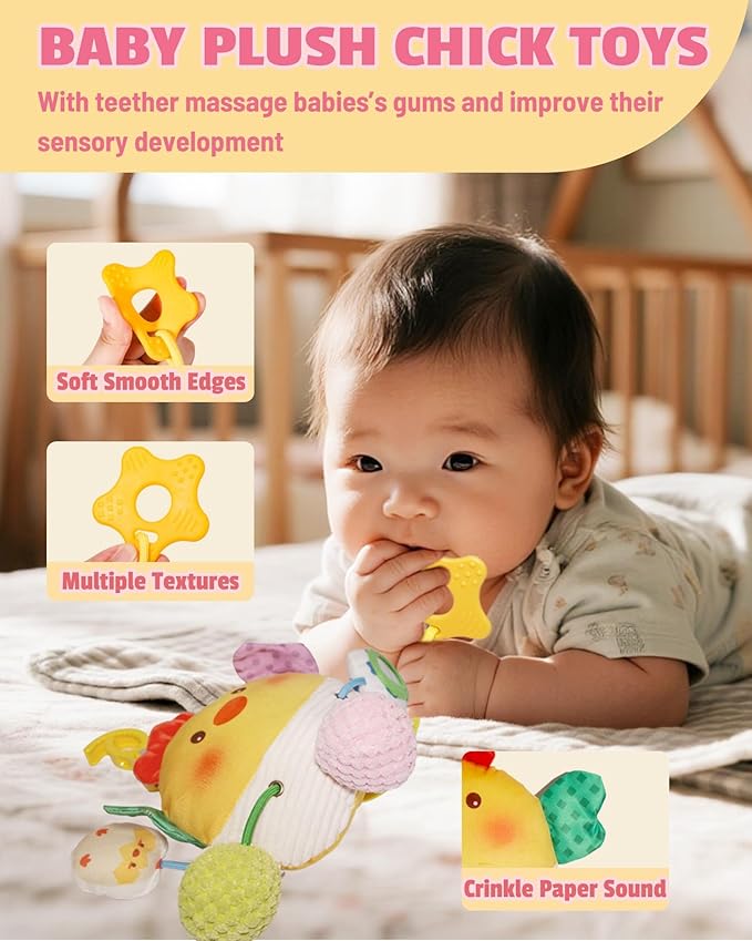 Baby Car Seat Toys 0-6 Months, Sensory Crib Hanging Soft Plush with Rattles, Crinkle Paper and Teether, Educational Toy for Baby Shower Newborn Infant Gifts (Yellow Chick)
