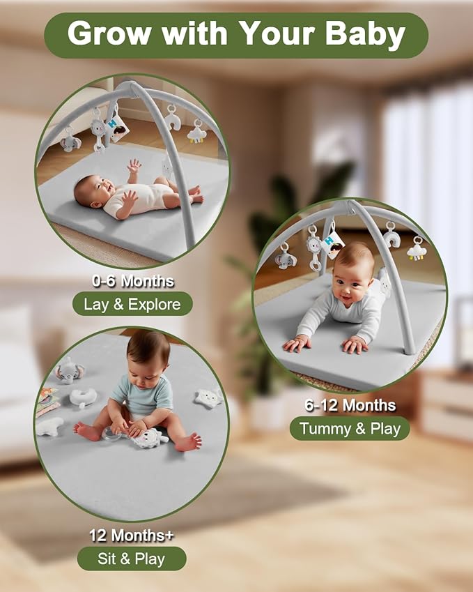 Baby Play Gym with Soft Foam Mat – Removable & Machine Washable Cover, Velvet Tummy Time Mat with 6 Sensory Toys, Non-Slip Activity Mat for Infant Development, Newborn Essentials Gift, Grey