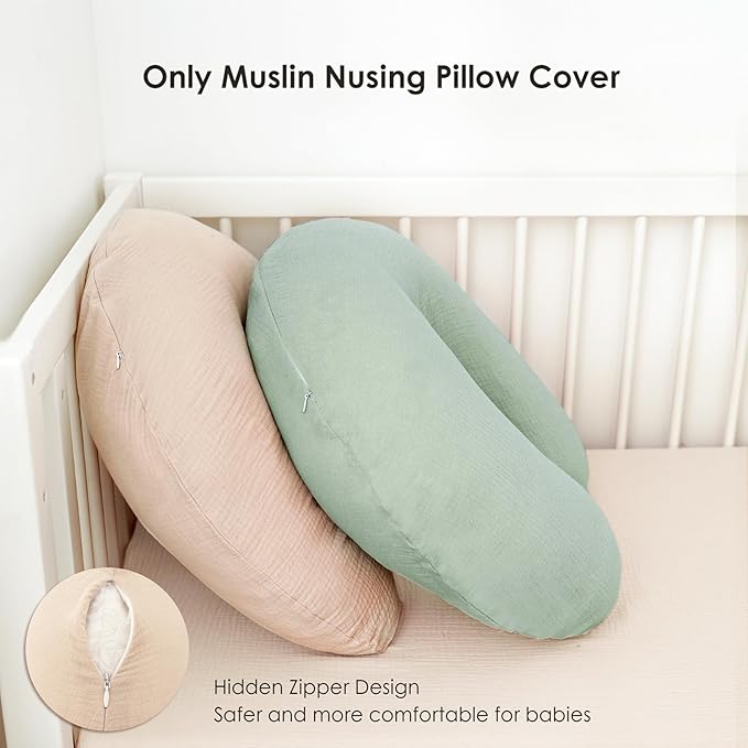 2-Pack Muslin Nursing Pillow Covers, Breathable 100% Cotton Breastfeeding Pillow Slipcovers for Standard Nursing Pillows, Soft Covers for Baby Girls and Boys with Zipper