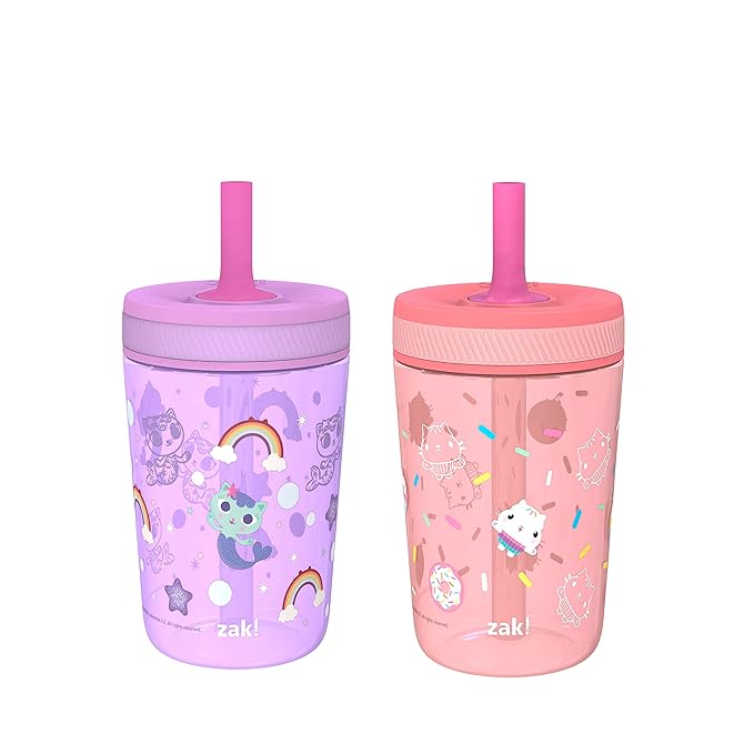 Zak Designs Gabby's Dollhouse Kelso Toddler Cups For Travel or At Home, 15oz 2-Pack Durable Plastic Sippy Cups With Leak-Proof Design is Perfect For Kids Cakey Cat, Mercat