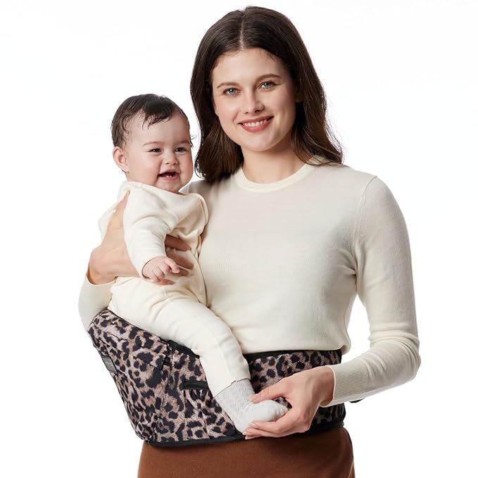Momcozy Hip Seat Baby Carrier - Adjustable Waistband with Original 3D Belly Protector, Ergonomic Carrier with Various Pockets for Newborns & Toddlers up to 45lbs (Leopard, Medium)