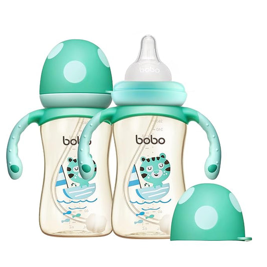 YOHKOH Natural PPSU Baby Bottle with Natural Response Nipple, Newborn Anti-Colic Baby Bottles with Handle, Wide Neck Mushroom Cap Baby Bottle (8.8oz (Pack of 2), Blue)