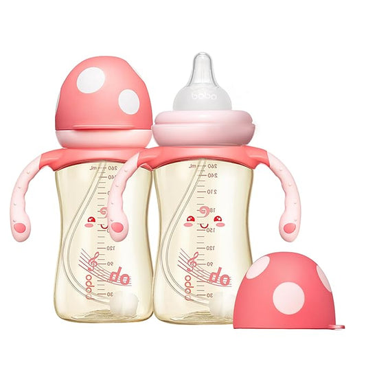 YOHKOH Natural PPSU Baby Bottle with Natural Response Nipple, Newborn Anti-Colic Baby Bottles with Handle, Wide Neck Mushroom Cap Baby Bottle (8.8oz (Pack of 2), Red1)