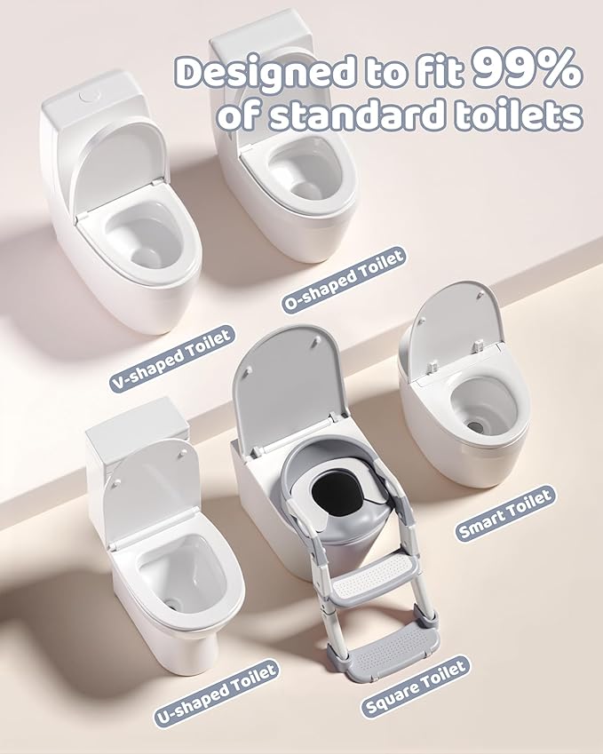 3-in-1 Potty Training Seat & Training Toilet & Potty Chair, Height Adjustable Toddler Toilet Seat for Kids Boys Girls, Foldable Potty Training Toilet with Splash Guard and Anti-Slip Steps (Grey)