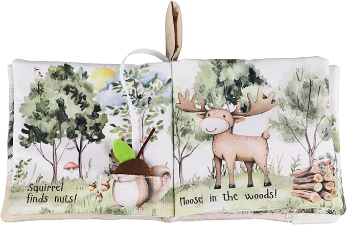 Ali+Oli Baby Cloth Book – Soft Sensory Crinkle Book with Teether for Infants 0-12 Months – Early Learning Touch & Feel Tummy Time Toy – Newborn Shower Gift for Boys & Girls - Forest Friends