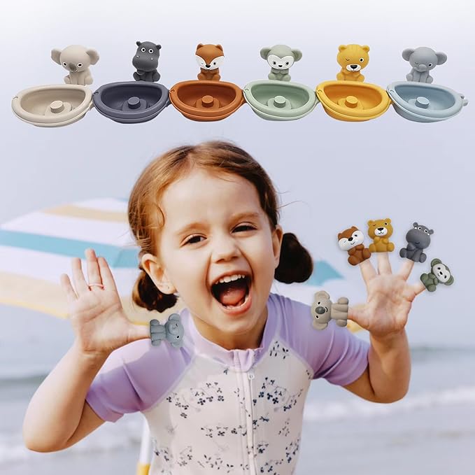 Bath Toys Floating Boats, 12Pcs Bath Toys for Kids Ages 1-3 or Babies 6-12-18 Months, Mold Free Bath Pool Toy for Toddlers 2-4, Stacking Toys, Soft Finger Puppets Animals Bath Toy