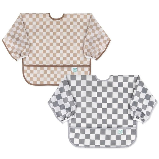 Bumkins - Sleeved Bib -For Boys & Girls, Babies & Toddlers 6-24 Months - Lightweight, Durable, Waterproof - Long Sleeve Bib - Catch-All Pocket - Wipeable & Machine Washable -Beige & Gray Check -2 Pack