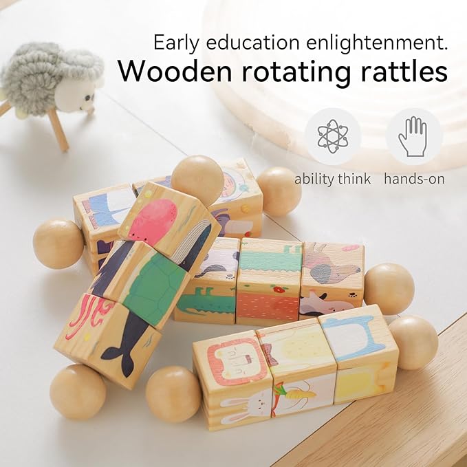 Promise Babe Wooden Animal Puzzle Toy for Toddlers 1-3, Rotating Spin Twist Blocks Set of 2, Learning Educational Montessori Toy Gifts for Kids Boys Girls, Whale and Fox