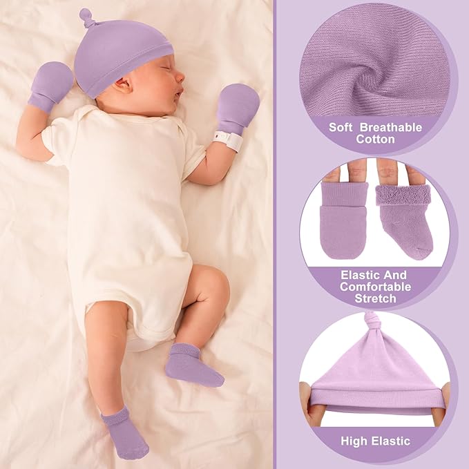 6 Pcs Preemie Hats Mittens and Socks Set Cotton Preemie Cap Knotted Hat No Scratch Warm Terry Socks for Boys Girls
