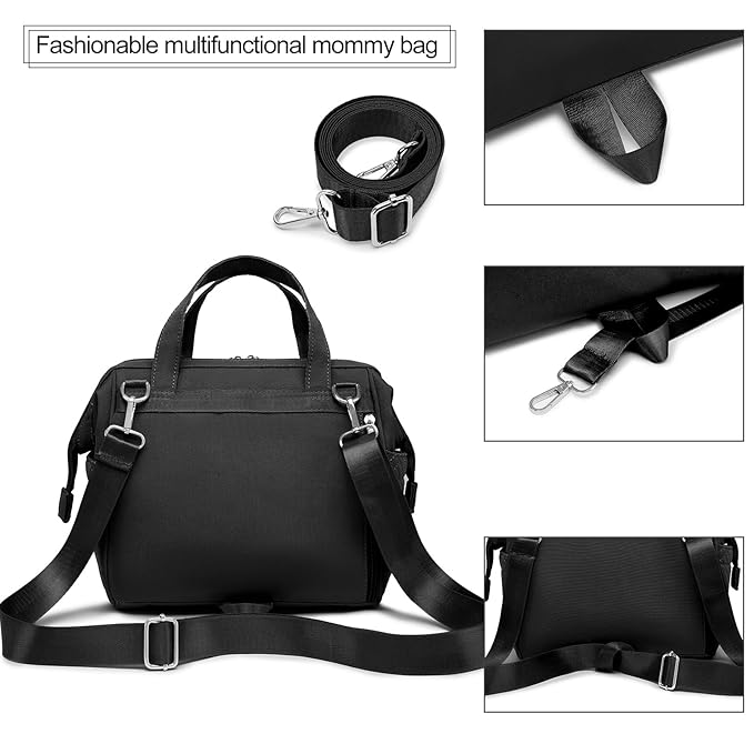 Small Diaper Bag, Stroller Organizer with Insulated Cup Holder & Detachable Shoulder Strap, Convertible Diaper Bag Tote for Short Trip (Black)