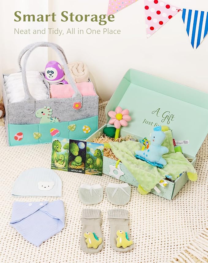 Coralogo Baby Shower Gift Basket - Baby Gift Set with Practical Diaper Caddy, Gifts for New Mom, Gender Reveal Gifts, New Born Essential Include Security Blanket Hat Bib Socks Mittens, Boy