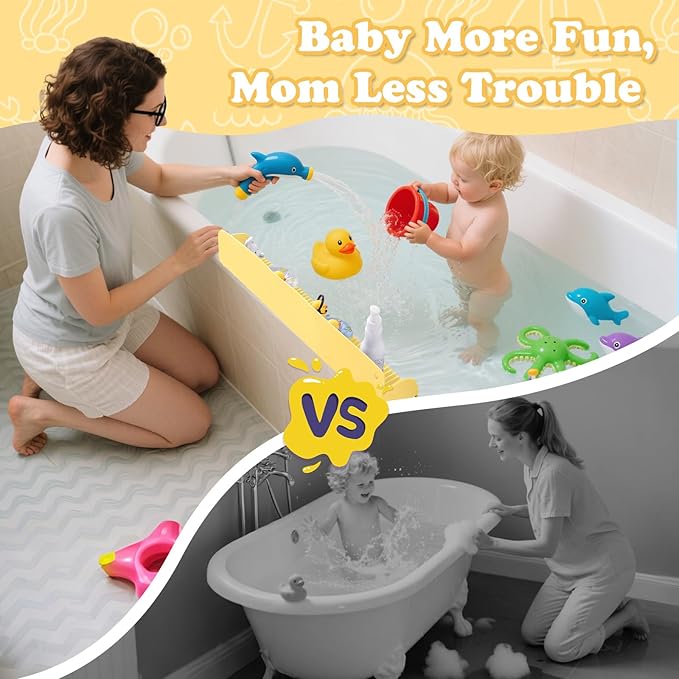24 Inch Bathtub Splash Guard with 10 Suction Cups, Silicone Tub Water Splash Guard for Bathtub, Bath Toy Tray Holder Play Shelf for Kids, Universal for Bathroom, Kitchen Sink (Yellow)