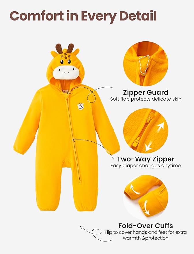 PATPAT Fleece Hooded Footed Romper Clothes, Soft Warm Footie Covers, Car Seat Friendly, Easy Zip, Cute Boy Girl
