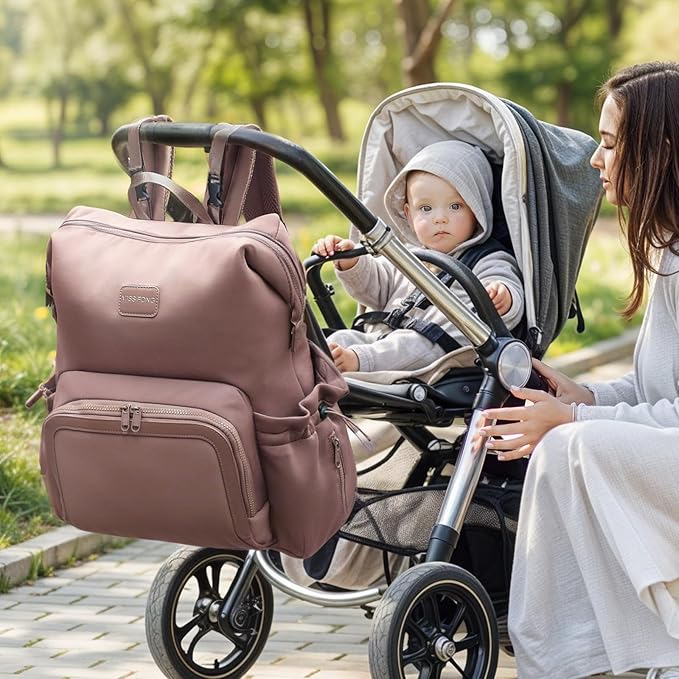 miss fong Diaper Bag Backpack - Baby Diaper Bag Neoprene Bag Large Capacity Neoprene Backpack with Diaper Changing Pad with 12 Pockets for Mom & Dad -Mauve