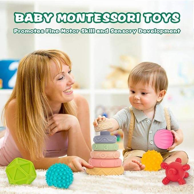 SpringFlower 3 in 1 Montessori Toys for Babies 0-3-6-12 Months, Soft Baby Teething, Stacking Building Blocks for Infants, Sensory Developmental Education Toys for Toddler Baby 12-18 Months,23 PCS