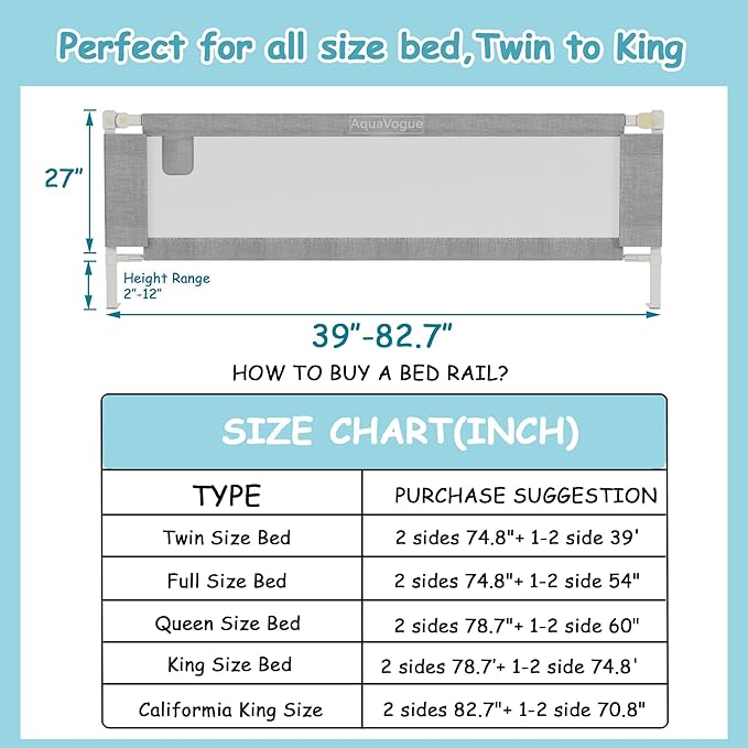 3-Pack Queen Size Bed Rails for Toddlers -Height Adjustable Baby Bed Rail Guard Specially Designed for Queen Size Bed(78.74 x 78.74 x 59 Inch)