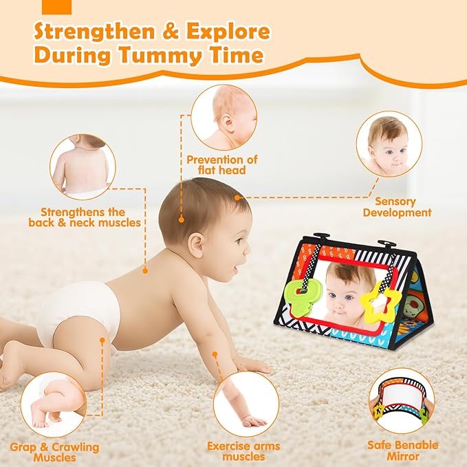 Baby Toys 0-6 Months - Tummy Time Toy Black and White High Contrast Newborn Toys - Baby Mirror with Cloth Book Teether - Montessori Sensory Crinkle Toy for Infant 0-3-6-12 Month Boy Girl Shower Gifts