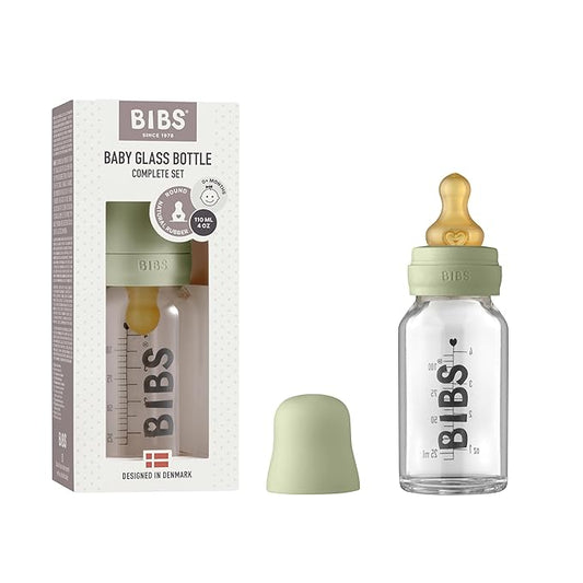 BIBS Baby Glass Bottle Complete Set 110 ml | BPA Free Natural Rubber | Made in Denmark | Sage
