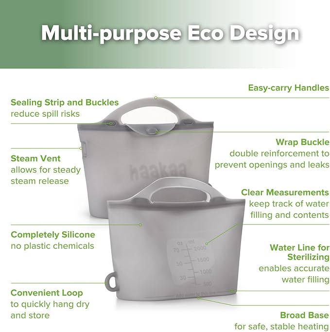 Haakaa Silicone Microwave Steamer & Steriliser Bag, 70oz/2000ml Large Capacity Reusable Steaming Bags for Baby Bottles, Breast Pump, Accessories, Pacifiers,Teethers, Great for Home&On The Go, Grey/1PC