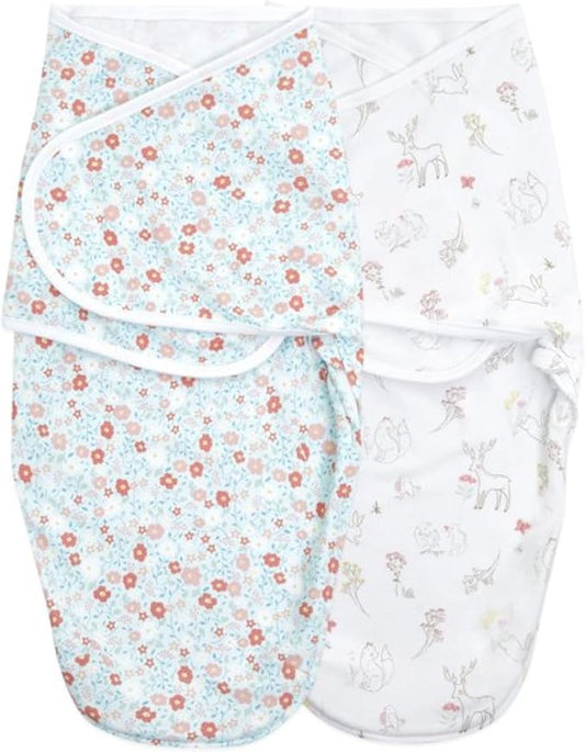 aden + anais Essentials Easy Swaddle Wrap Quick Change with Bottom Zipper, Snug Cotton Knit Baby Wrap Swaddle Blanket for Newborns, TOG 1.0, 2 Pack, Fairy Tale Flowers, 0-3 Months, Small/Medium