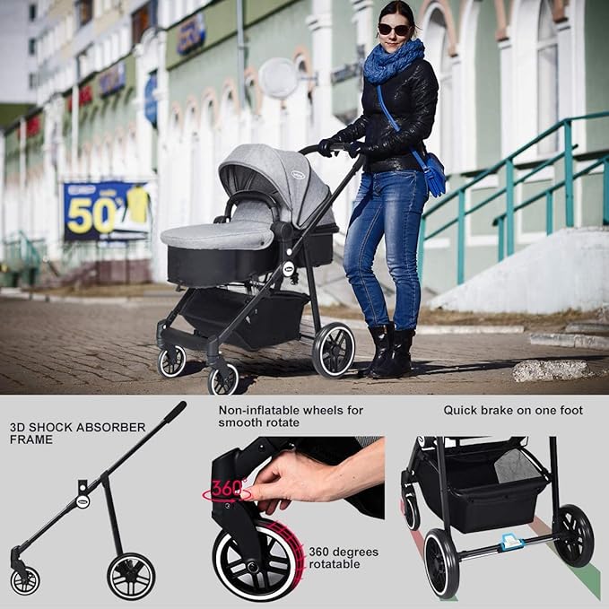 INFANS 2 in 1 Baby Stroller, High Landscape Infant Stroller & Reversible Bassinet Pram, Foldable Pushchair with Adjustable Canopy, Cup Holder, Storage Basket, Suspension Wheels (Volcanic Ash)
