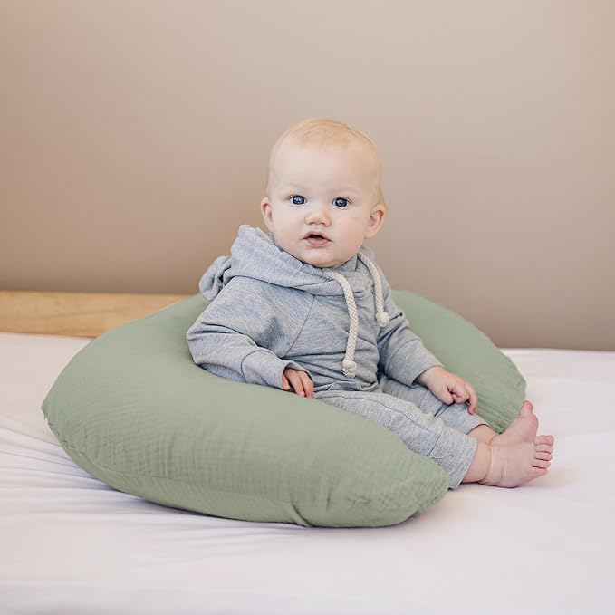 Konssy Muslin Nursing Pillow Covers, Soft and Cute Nursing Covers for Breastfeeding Pillows, Ideal for Newborn Baby Boys and Girls (Fog Green, Sprout) - 2 Pack