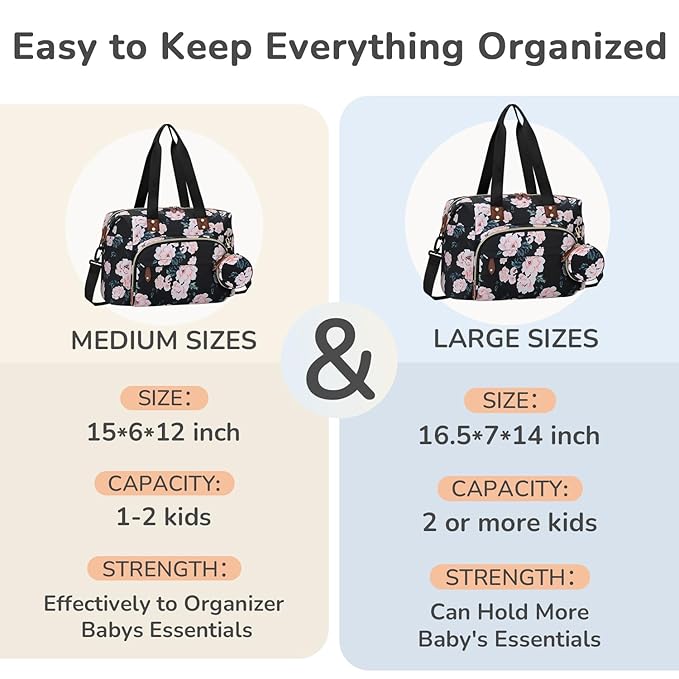 Diaper Bag Tote, Baby Bag Travel Diaper Tote Bag with Pacifier Case, Cute Maternity Hospital Baby Stylish Diaper Tote for Mom Dad Medium Size, Black Pink Floral