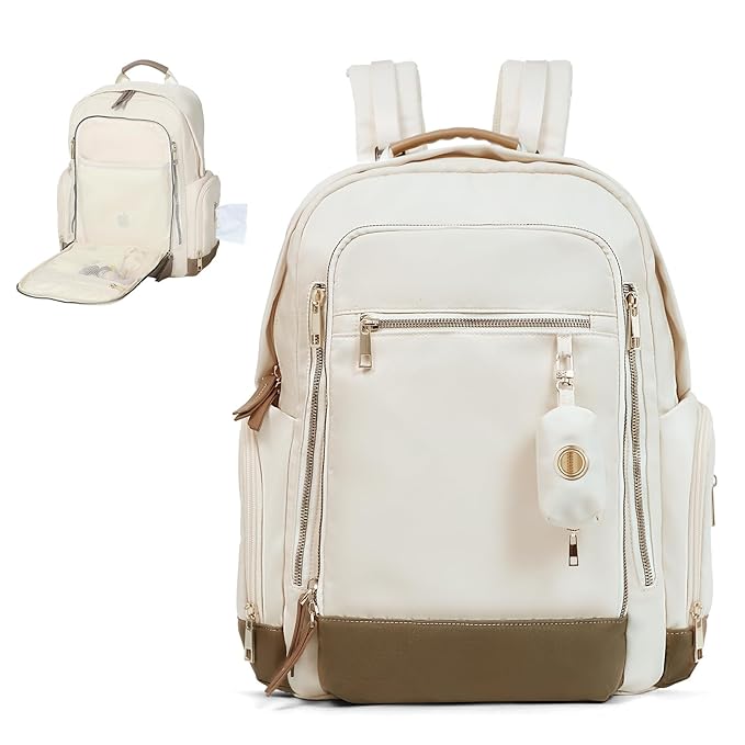 miss fong Diaper Bag Backpack - Baby Diaper Bag Mommy Bag Diaper Backpack with 16 Pockets Large Capacity Travel Diaper Bag Baby Shower Gifts for Mom & Dad-Off-White