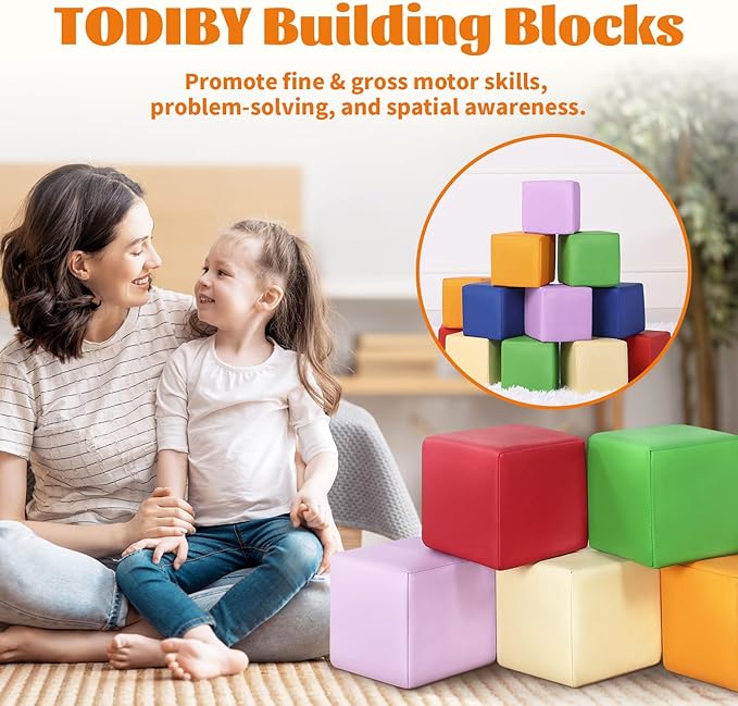 Foam Building Blocks for Toddlers:12-Pieces Wipeable Leather Stacking Cubes Kids - Large Soft Toys Play Set for Learning Construction Baby Preschool Daycare Therapy Birthday Gift (Rainbow)