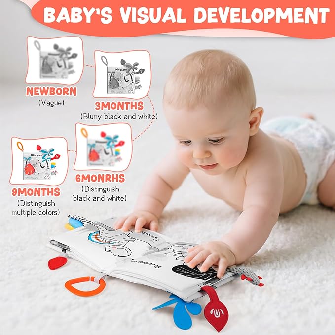 Dinosaur Fabric Book- Crinkle Sound, Touch & Feel, Press Squeaker with Soft Tail Plus Teether Feature - Baby Books Toys for Newborn Infants 0-12 Months (Teether Safe, Machine Washable)