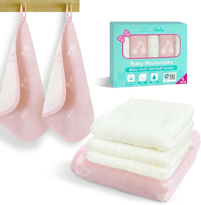 VOOVA & MOVAS 6 Pack 100% Cotton Baby Washcloths | 12x12 Inches | Highly Absorbent | Ultra-Soft Newborn Towels | Perfect Set,Baby Essentials | Jacquard Cherry & Ivory Colors