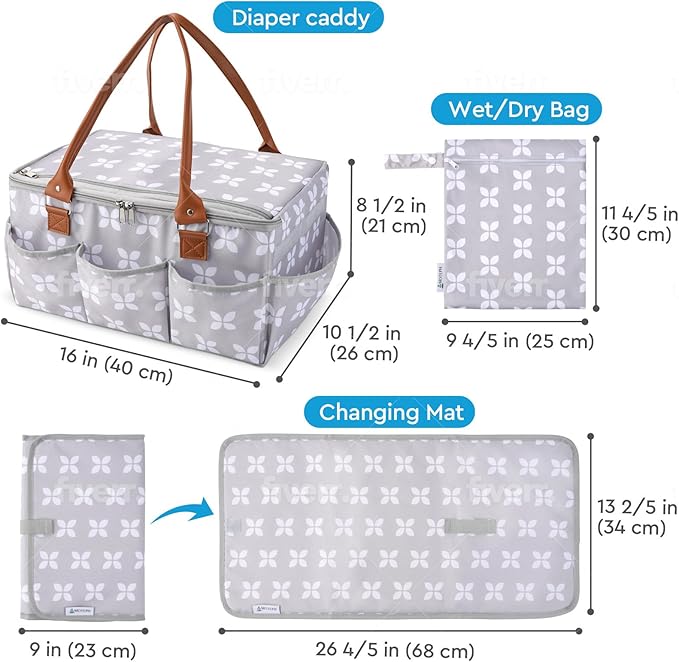 Moteph Diaper Caddy Organizer - Baby Caddy with Lid & Changing Mat, Car Diaper Caddy, Large Nursery Storage Diaper Tote Basket for Changing Table with Zip-Top Cover, Great for Baby Showers - Grey