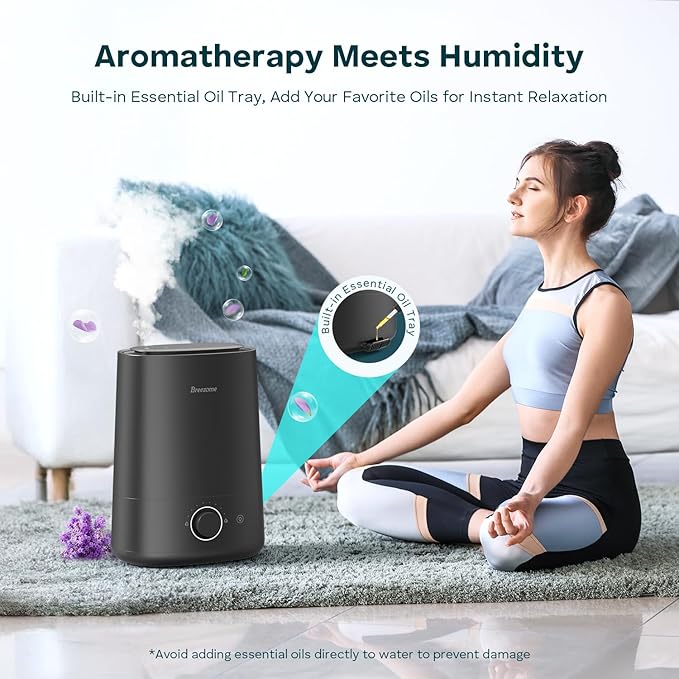 BREEZOME 5L Humidifiers for Bedroom, Ultrasonic Cool Mist Top Fill Humidifier & Essential Oil Diffuser, 360°Nozzle, Auto Shut-off, 50H Runtime, Quiet Humidifiers for Large Room, Baby Nursery, Plants