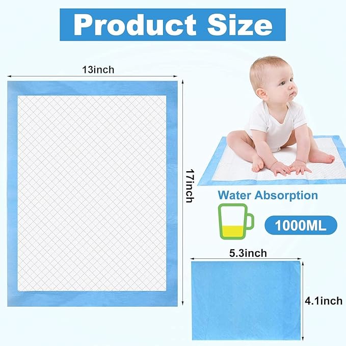 100 Pack Disposable Changing Pads, 17 X 13 Inch Disposable Pads for Baby, Waterproof Diaper Changing Pad, Leak-Proof Breathable Underpads, Table Protector Mat, Baby Underpads Liner,Ultra Absorbent