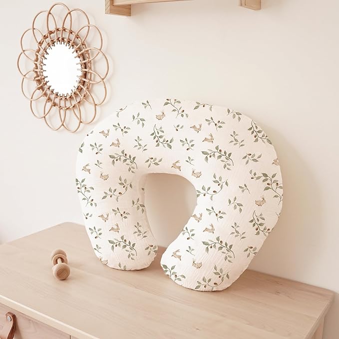 Konssy 2-Pack Muslin Nursing Pillow Covers, Soft & Adorable Nursing Covers for Breastfeeding Pillows, Slipcovers for Newborn Boys & Girls(Chestnut, Rabbit)