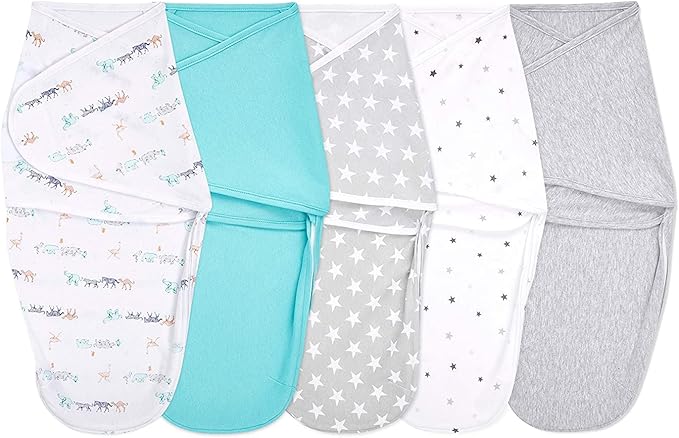 aden + anais Essentials Easy Swaddle Wrap Quick Change with Bottom Zipper, Snug Cotton Knit Baby Wrap Swaddle Blanket for Newborns, TOG 1.0, 5 Pack, Starlit, 0-3 Months, Small/Medium