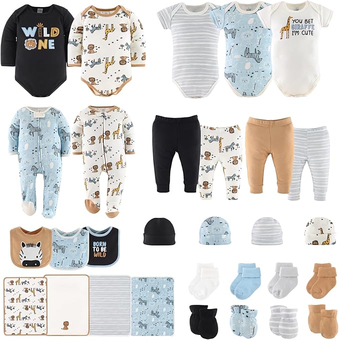 The Peanutshell Baby Layette Gift Set for Boys or Girls - Unisex Newborn Gift Sets, Baby Clothes & Essentials, Safari